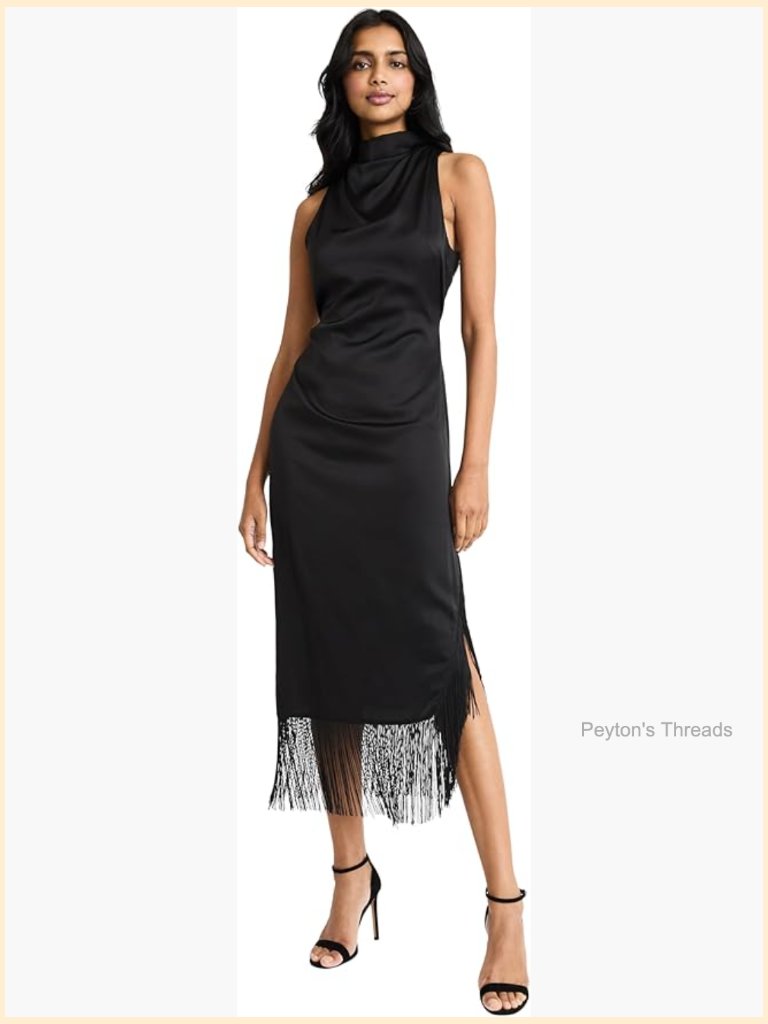 Sleeveless Cowl Neck Sheath Maxi Dress With Fringe Hem